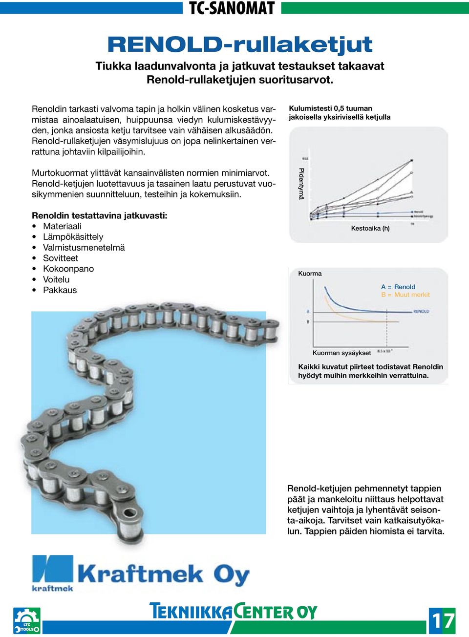 Renold-rullaketjujen väsymislujuus on jopa nelinkertainen verrattuna johtaviin kilpailijoihin. Murtokuormat ylittävät kansainvälisten normien minimiarvot.