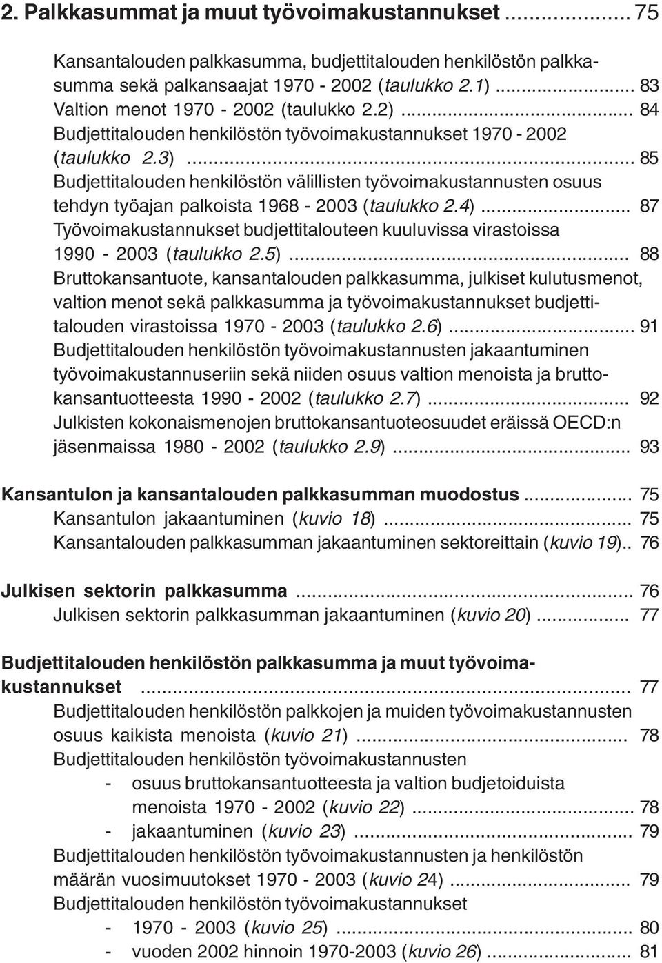 .. 85 Budjettitalouden henkilöstön välillisten työvoimakustannusten osuus tehdyn työajan palkoista 1968-2003 (taulukko 2.4).