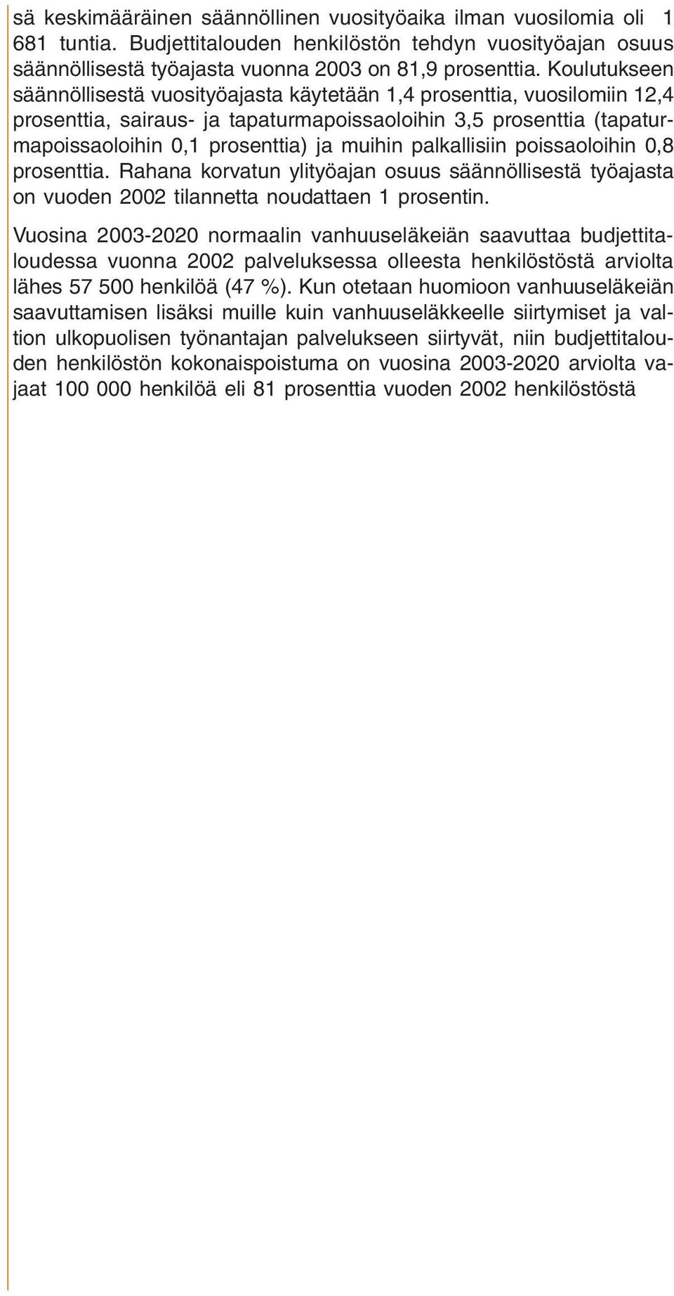 palkallisiin poissaoloihin 0,8 prosenttia. Rahana korvatun ylityöajan osuus säännöllisestä työajasta on vuoden 2002 tilannetta noudattaen 1 prosentin.