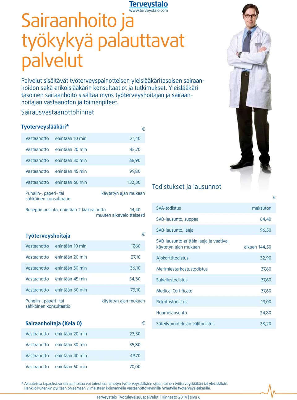 Sairausvastaanottohinnat Työterveyslääkäri* Vastaanotto enintään 10 min 21,40 Vastaanotto enintään 20 min 45,70 Vastaanotto enintään 30 min 66,90 Vastaanotto enintään 45 min 99,80 Vastaanotto