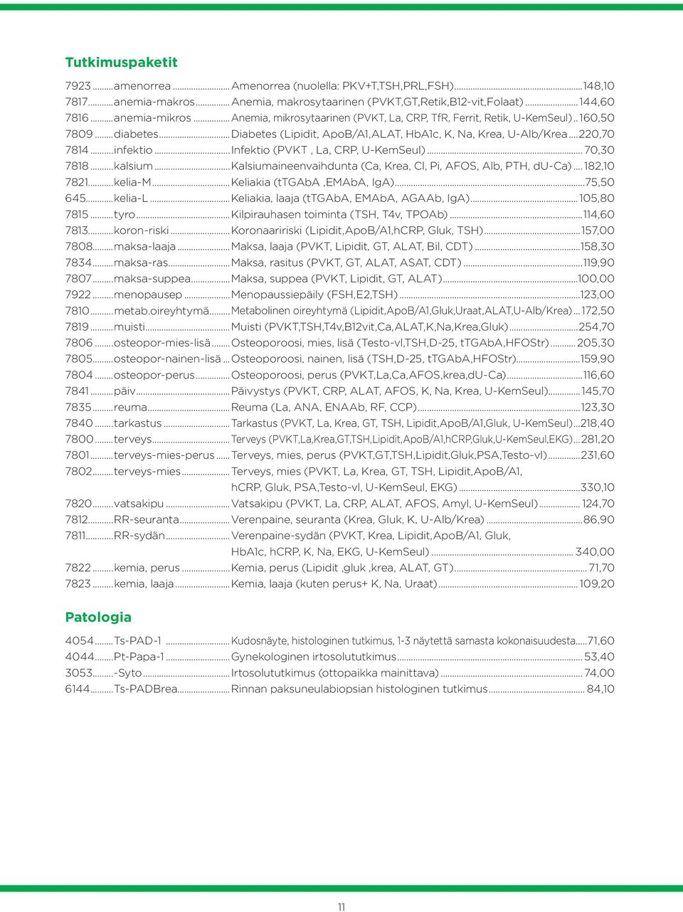 ..Infektio (PVKT, La, CRP, U-KemSeul)... 70,30 7818...kalsium...Kalsiumaineenvaihdunta (Ca, Krea, Cl, Pi, AFOS, Alb, PTH, du-ca)... 182,10 7821...kelia-M...Keliakia (ttgaba,emaba, IgA)...75,50 645.