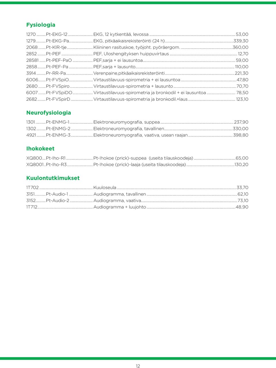 ..Verenpaine,pitkäaikaisrekisteröinti...221,30 6006...Pt-FVSpiO...Virtaustilavuus-spirometria + ei lausuntoa...47,80 2680...Pt-FVSpiro...Virtaustilavuus-spirometria + lausunto...70,70 6007...Pt-FVSpiDO.