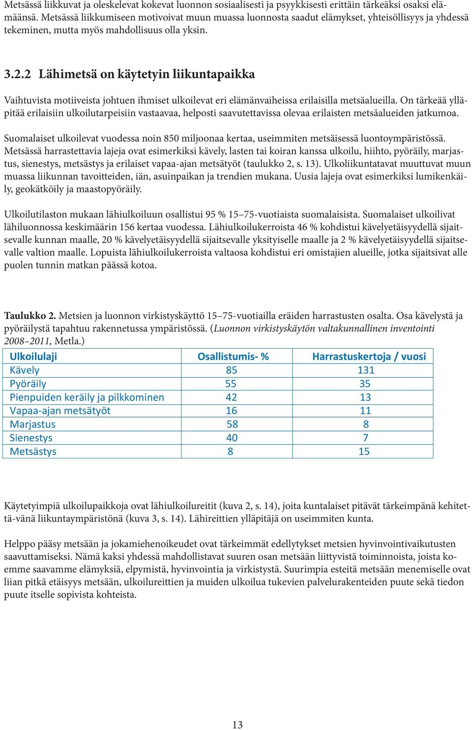 2 Lähimetsä on käytetyin liikuntapaikka Vaihtuvista motiiveista johtuen ihmiset ulkoilevat eri elämänvaiheissa erilaisilla metsäalueilla.