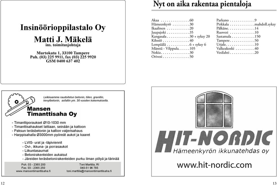 ..10 Sastamala...150 Tampere...50 Urjala...10 Valkeakoski...40 Vesilahti...20 Leikkaamme raudoitetun betonin, tiilen, graniitin, kevytbetonin, asfaltin ym. 30 vuoden kokemuksella.