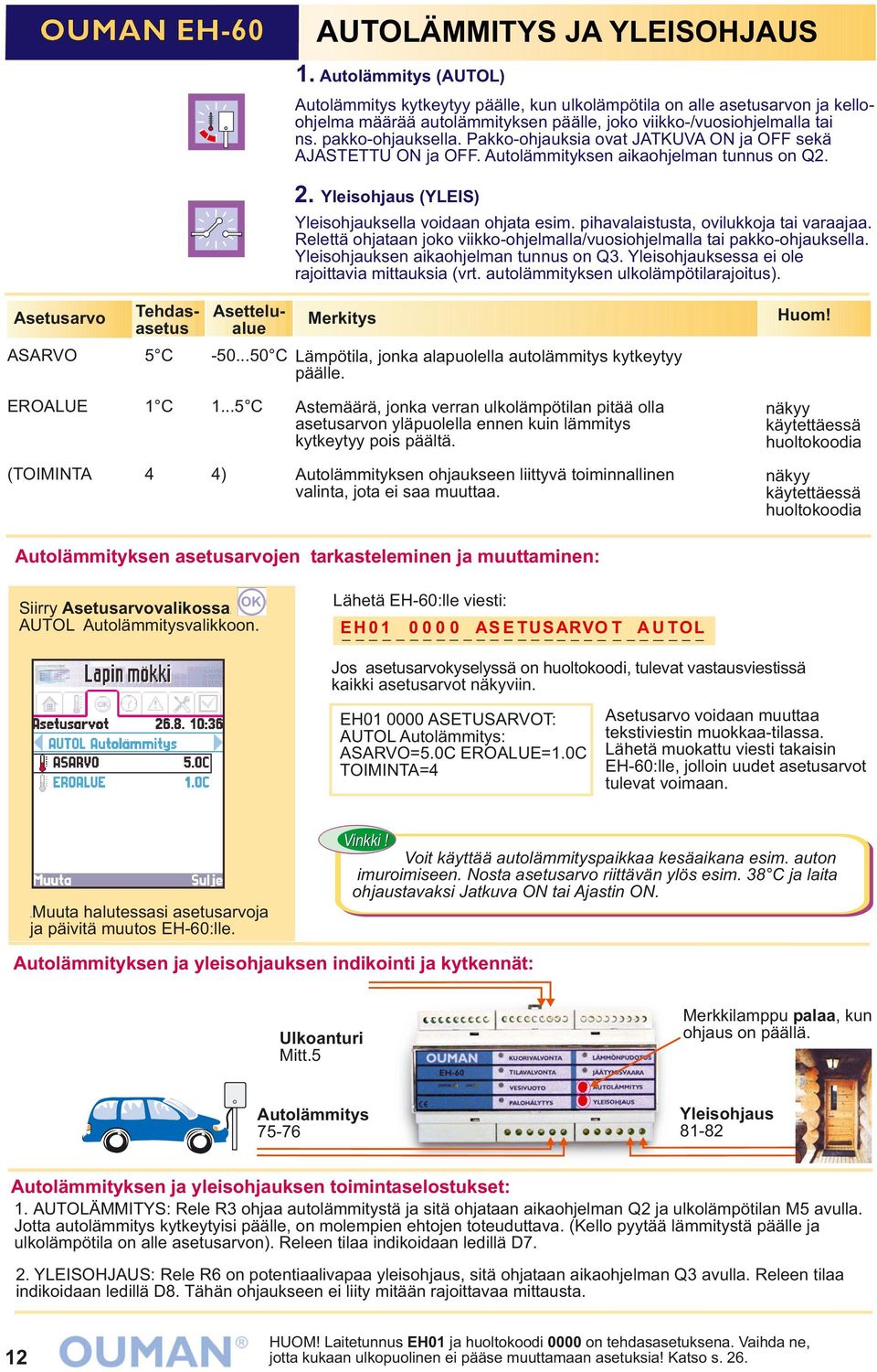 Pakko-ohjauksia ovat JATKUVA ON ja OFF sekä AJASTETTU ON ja OFF. Autolämmityksen aikaohjelman tunnus on Q2. 2. Yleisohjaus (YLEIS) Yleisohjauksella voidaan ohjata esim.