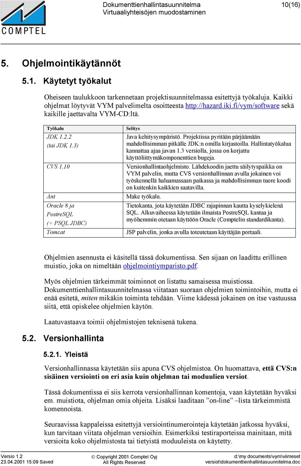 Projektissa pyritään pärjäämään mahdollisimman pitkälle JDK:n omilla kirjastoilla. Hallintatyökalua kannattaa ajaa javan 1.3 versiolla, jossa on korjattu käyttöliittymäkomponenttien bugeja.