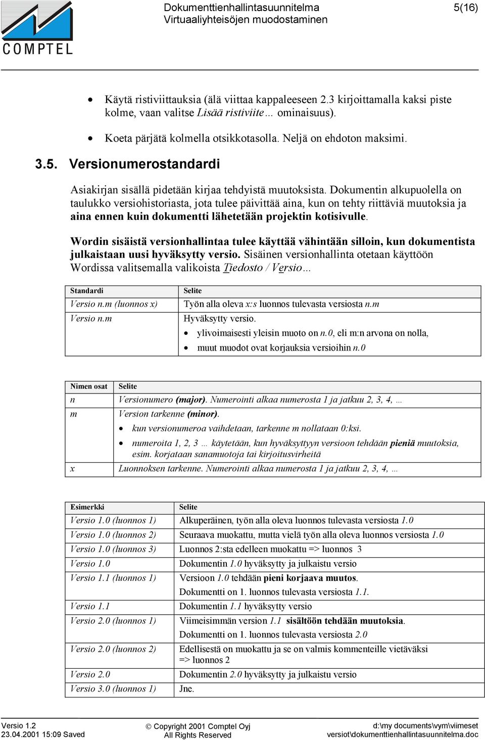 Dokumentin alkupuolella on taulukko versiohistoriasta, jota tulee päivittää aina, kun on tehty riittäviä muutoksia ja aina ennen kuin dokumentti lähetetään projektin kotisivulle.