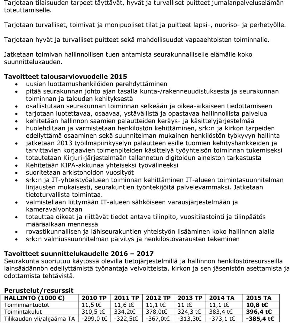 Jatketaan toimivan hallinnollisen tuen antamista seurakunnalliselle elämälle koko suunnittelukauden.