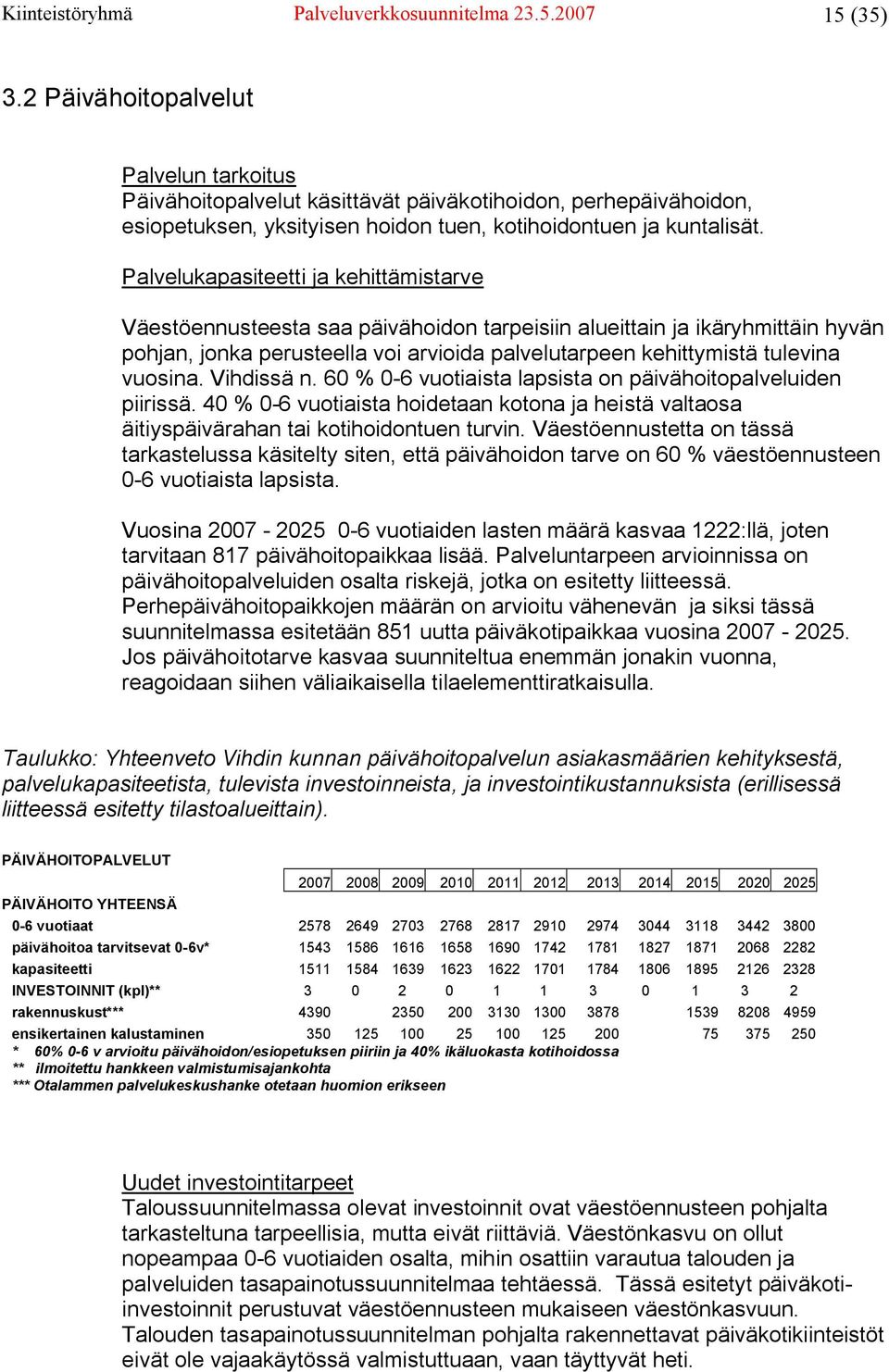 Palvelukapasiteetti ja kehittämistarve Väestöennusteesta saa päivähoidon tarpeisiin alueittain ja ikäryhmittäin hyvän pohjan, jonka perusteella voi arvioida palvelutarpeen kehittymistä tulevina