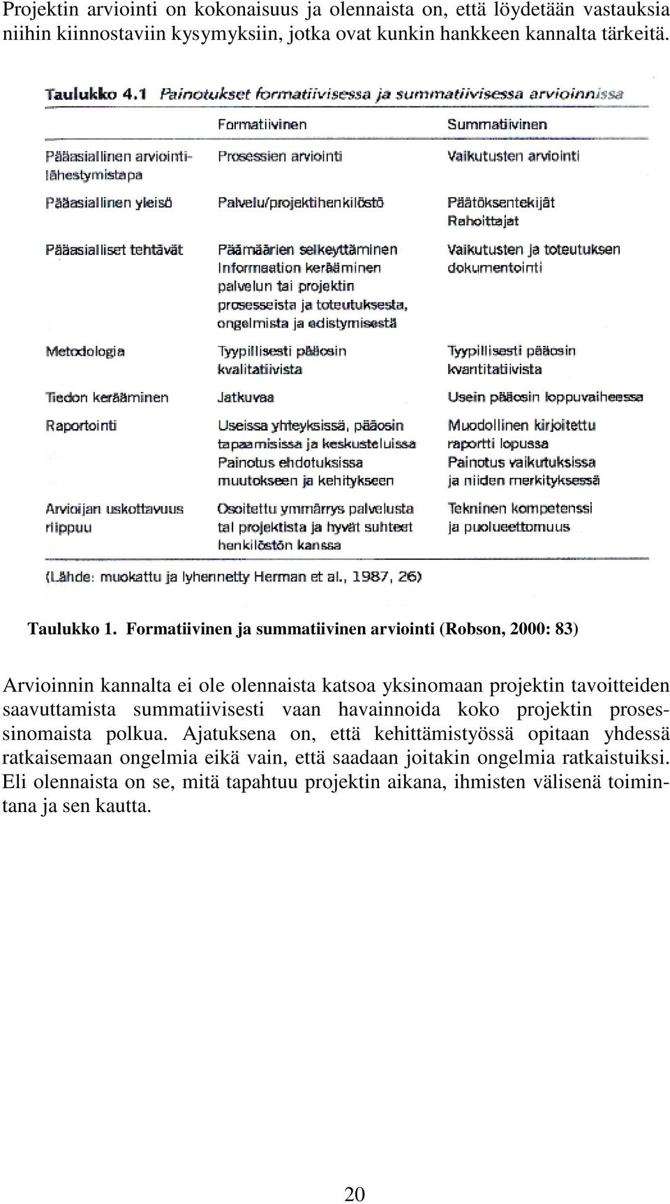 Formatiivinen ja summatiivinen arviointi (Robson, 2000: 83) Arvioinnin kannalta ei ole olennaista katsoa yksinomaan projektin tavoitteiden saavuttamista