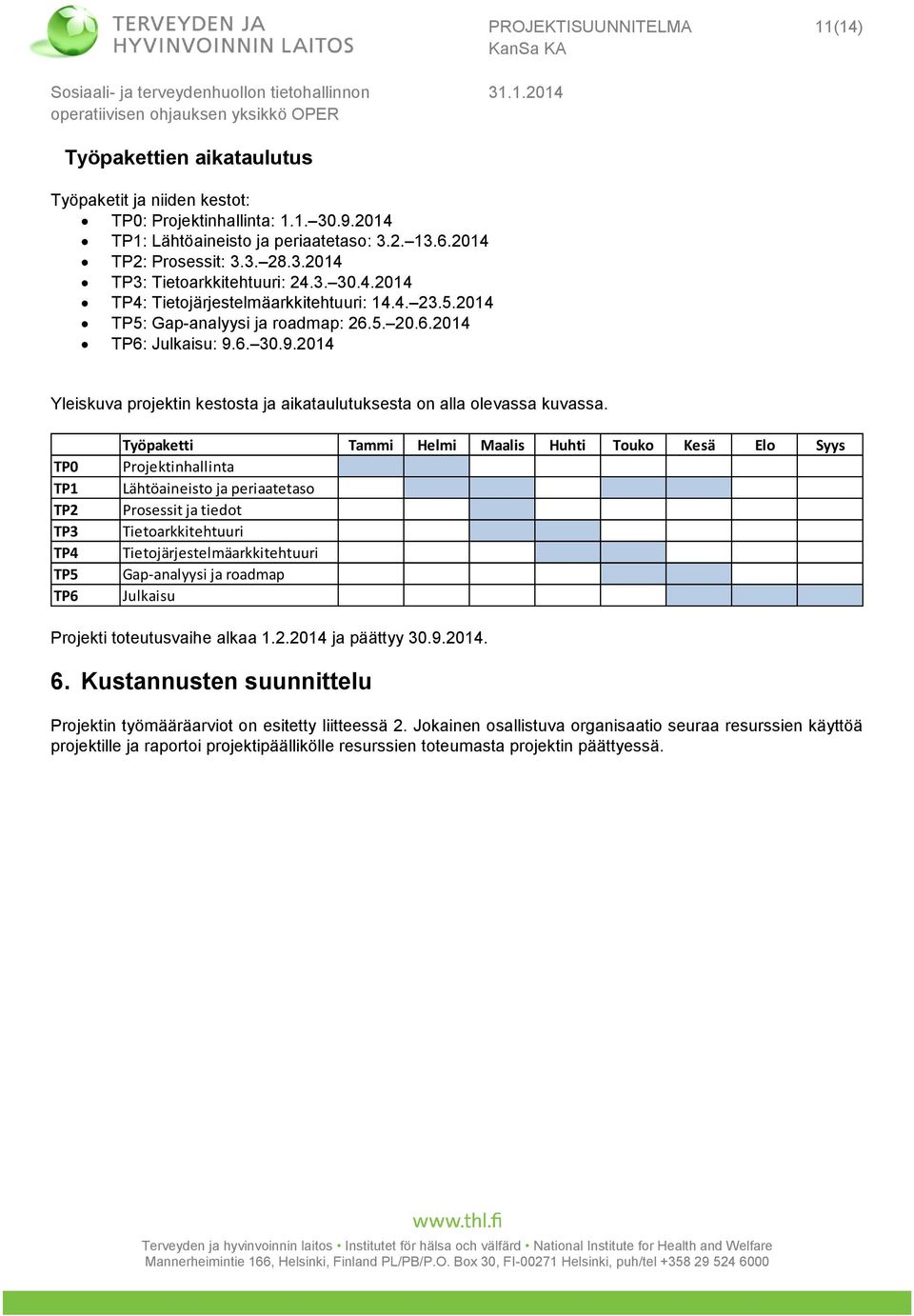 6. 30.9.2014 PROJEKTISUUNNITELMA 11(14) Yleiskuva projektin kestosta ja aikataulutuksesta on alla olevassa kuvassa.