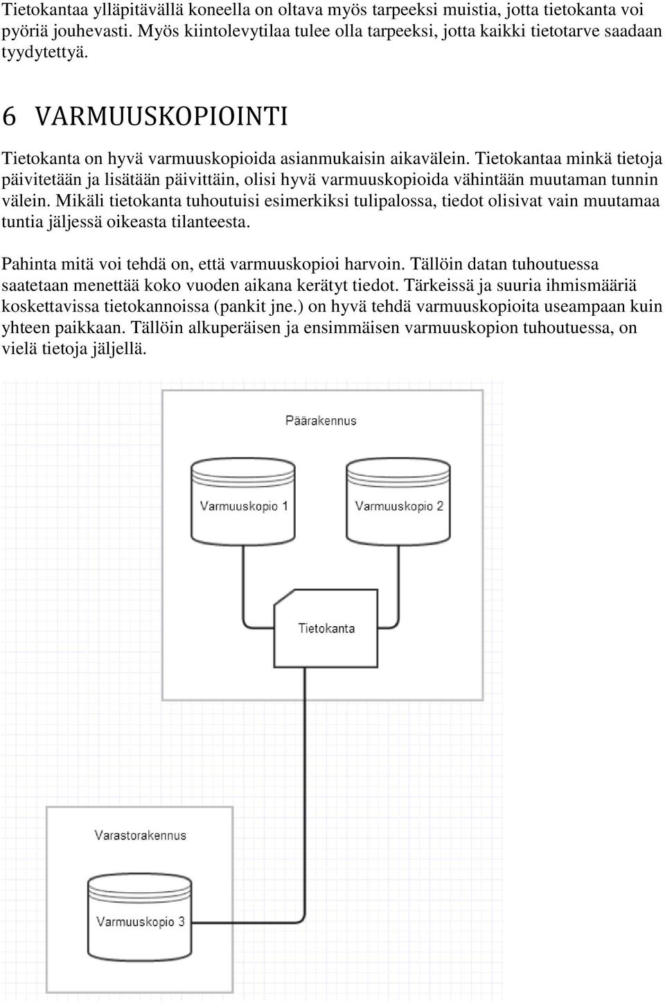 Tietokantaa minkä tietoja päivitetään ja lisätään päivittäin, olisi hyvä varmuuskopioida vähintään muutaman tunnin välein.