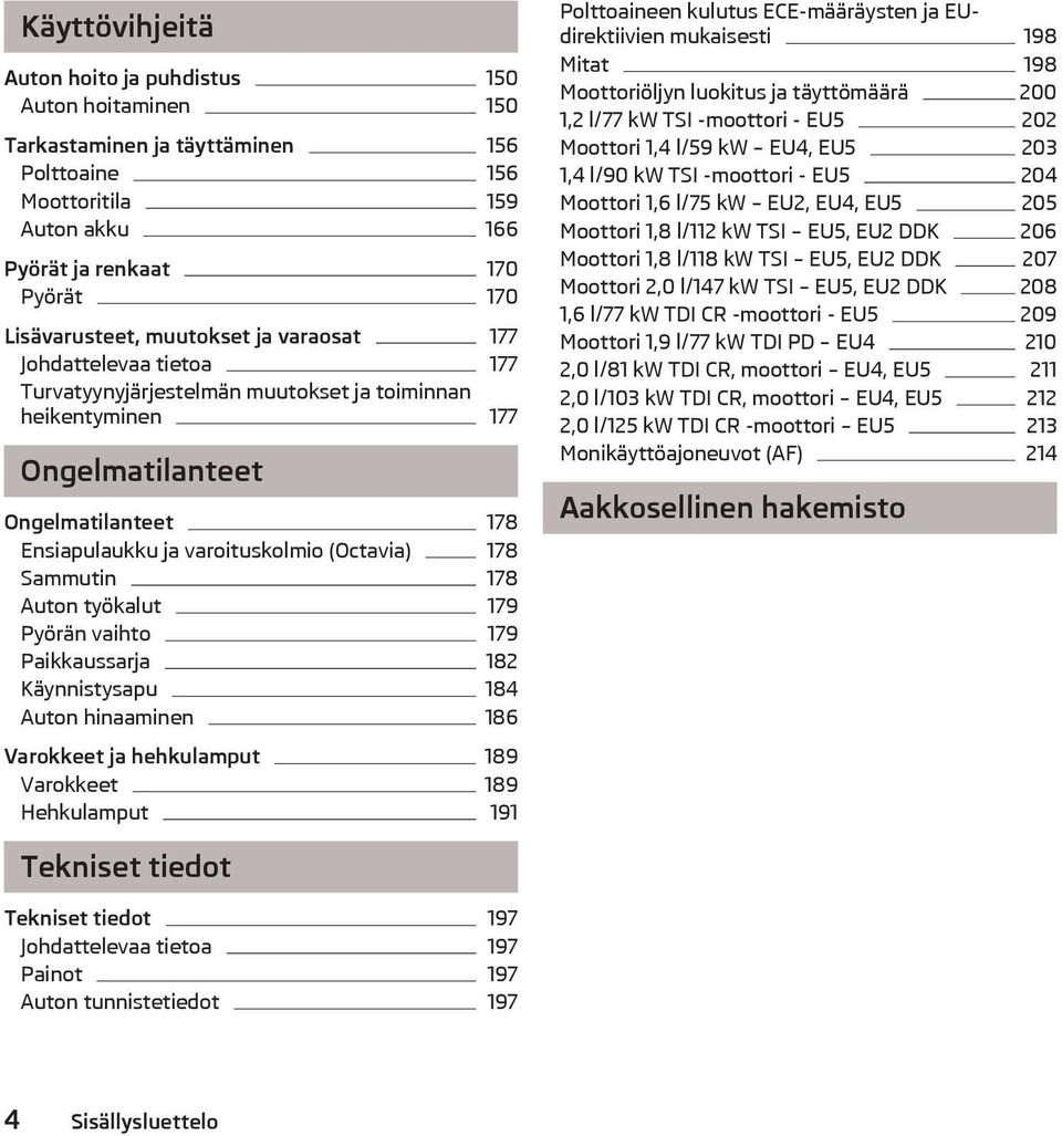 Auton työkalut 179 Pyörn vaihto 179 Paikkaussarja 182 Kynnistysapu 184 Auton hinaaminen 186 Varokkeet ja hehkulamput 189 Varokkeet 189 Hehkulamput 191 Polttoaineen kulutus ECE-mrysten ja