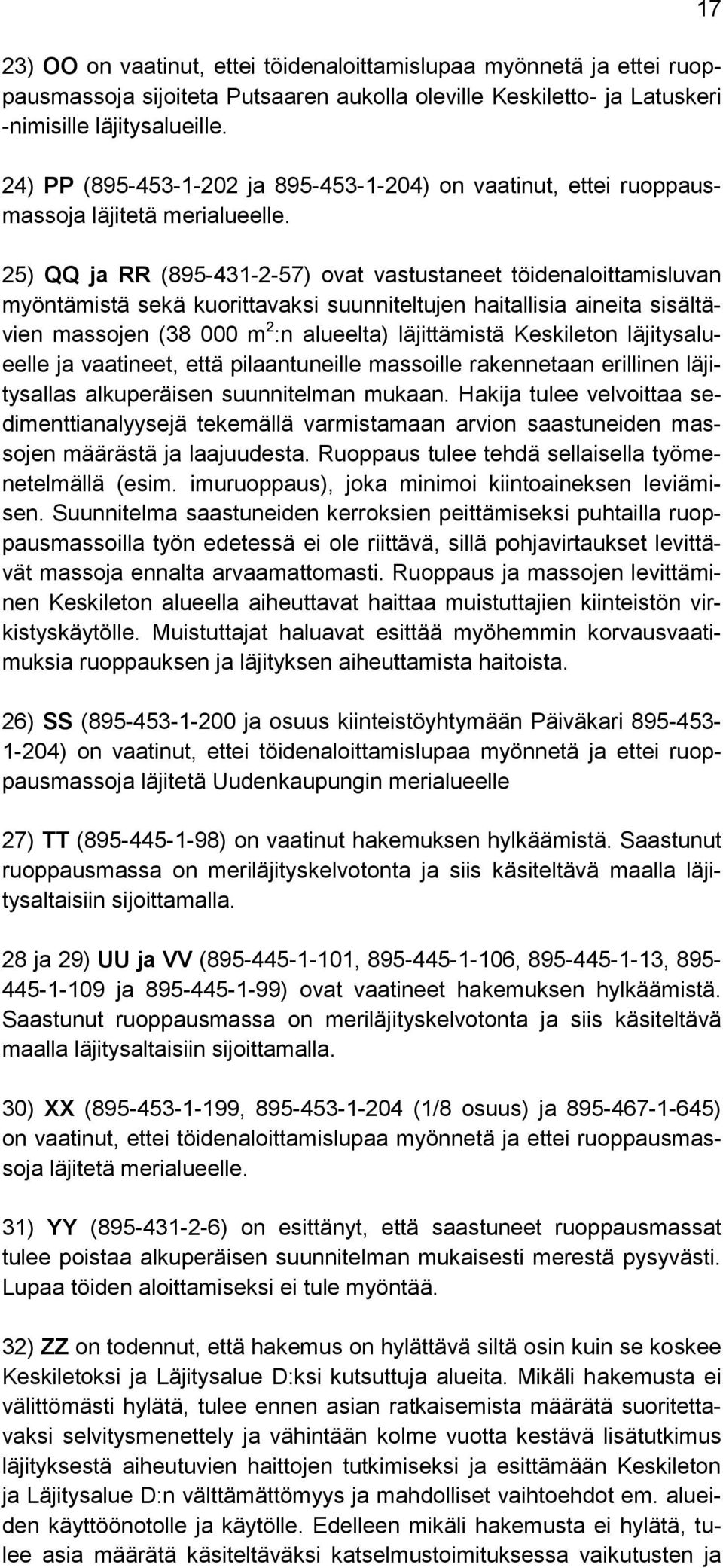 25) QQ ja RR (895-431-2-57) ovat vastustaneet töidenaloittamisluvan myöntämistä sekä kuorittavaksi suunniteltujen haitallisia aineita sisältävien massojen (38 000 m 2 :n alueelta) läjittämistä