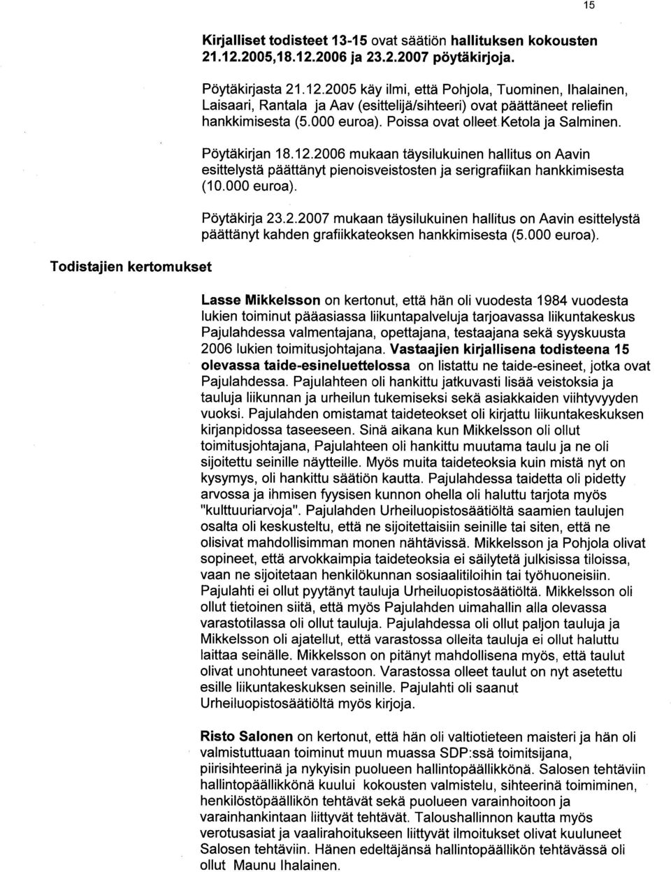 000 euroa). Poissa ovat olleet Ketola ja Salminen. Pöytäkirjan 18.12.2006 mukaan täysilukuinen hallitus on Aavin esittelystä päättänyt pienoisveistosten ja serigrafiikan hankkimisesta (10.000 euroa). Pöytäkirja 23.