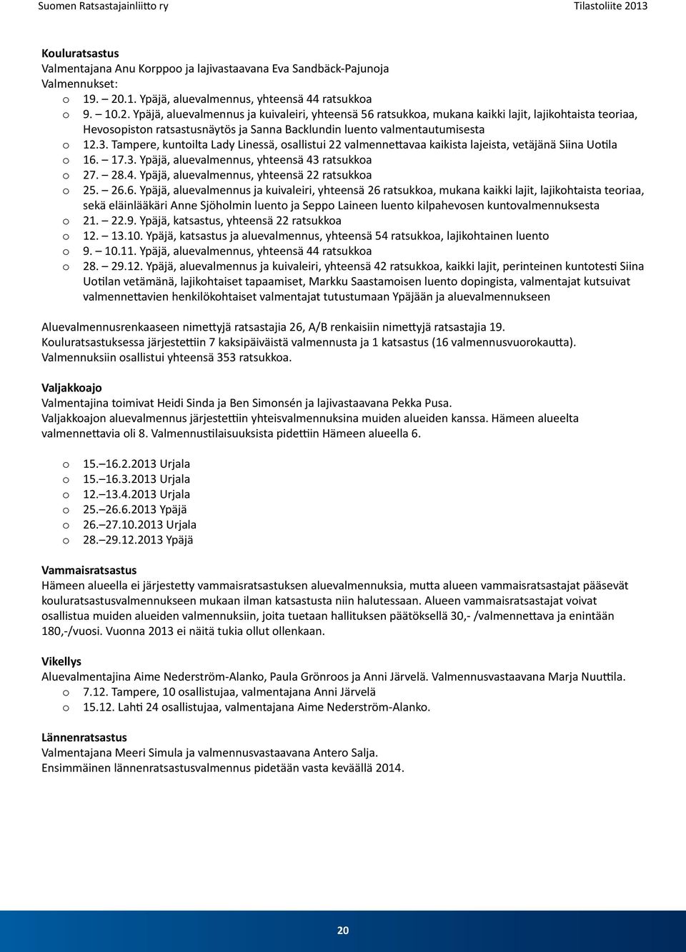 Ypäjä, aluevalmennus ja kuivaleiri, yhteensä 56 ratsukkoa, mukana kaikki lajit, lajikohtaista teoriaa, Hevosopiston ratsastusnäytös ja Sanna Backlundin luento valmentautumisesta o 12.3.