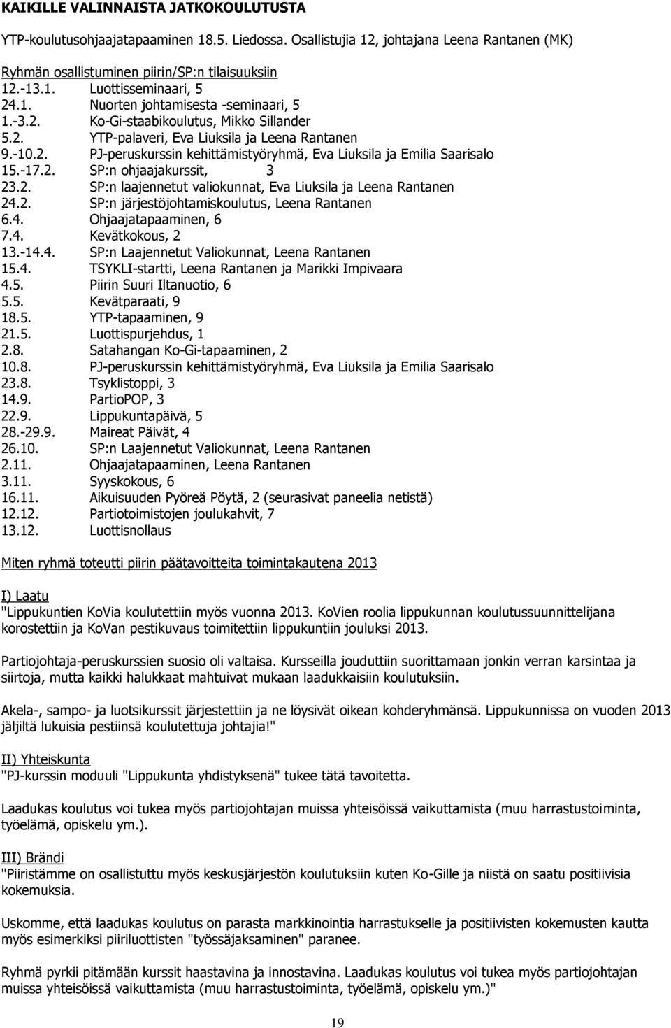 -17.2. SP:n ohjaajakurssit, 3 23.2. SP:n laajennetut valiokunnat, Eva Liuksila ja Leena Rantanen 24.2. SP:n järjestöjohtamiskoulutus, Leena Rantanen 6.4. Ohjaajatapaaminen, 6 7.4. Kevätkokous, 2 13.