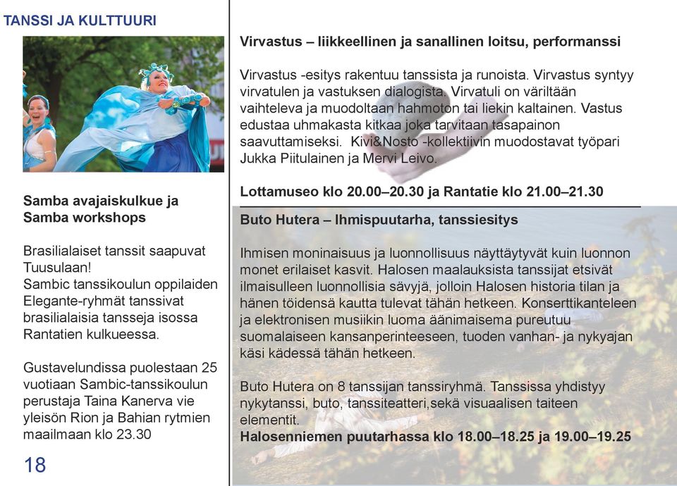 Kivi&Nosto -kollektiivin muodostavat työpari Jukka Piitulainen ja Mervi Leivo. Samba avajaiskulkue ja Samba workshops Brasilialaiset tanssit saapuvat Tuusulaan!