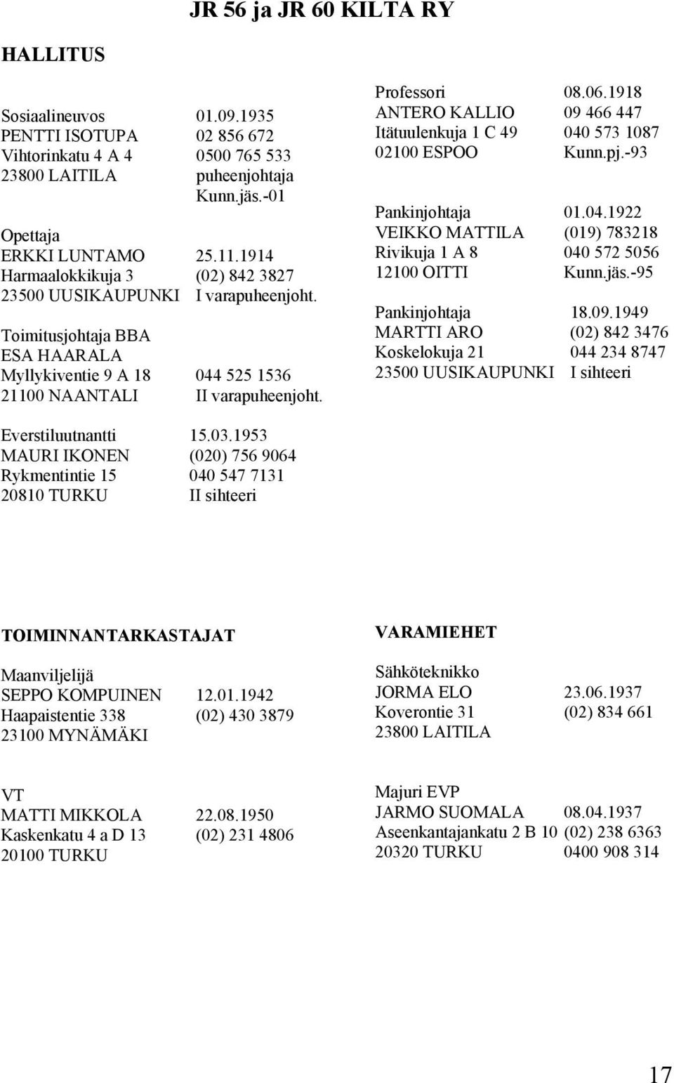 1918 ANTERO KALLIO 09 466 447 Itätuulenkuja 1 C 49 040 573 1087 02100 ESPOO Kunn.pj.-93 Pankinjohtaja 01.04.1922 VEIKKO MATTILA (019) 783218 Rivikuja 1 A 8 040 572 5056 12100 OITTI Kunn.jäs.