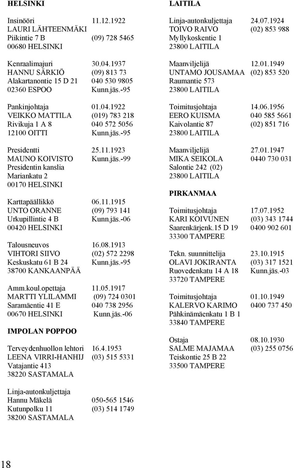 11.1915 UNTO ORANNE (09) 793 141 Urkupillintie 4 B Kunn.jäs.-06 00420 HELSINKI Talousneuvos 16.08.1913 VIHTORI SIIVO (02) 572 2298 Keskuskatu 61 B 24 Kunn.jäs.-95 38700 KANKAANPÄÄ Amm.koul.