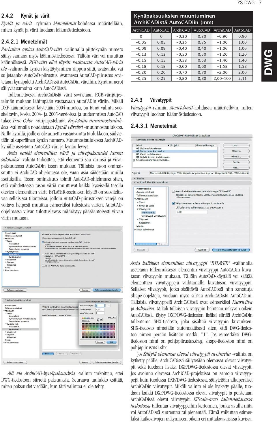 Avattaessa AutoCAD-piirustus sovitetaan kynäpaletti ArchiCADissä AutoCADin väreihin. Kynänumerot säilyvät samoina kuin AutoCADissä.