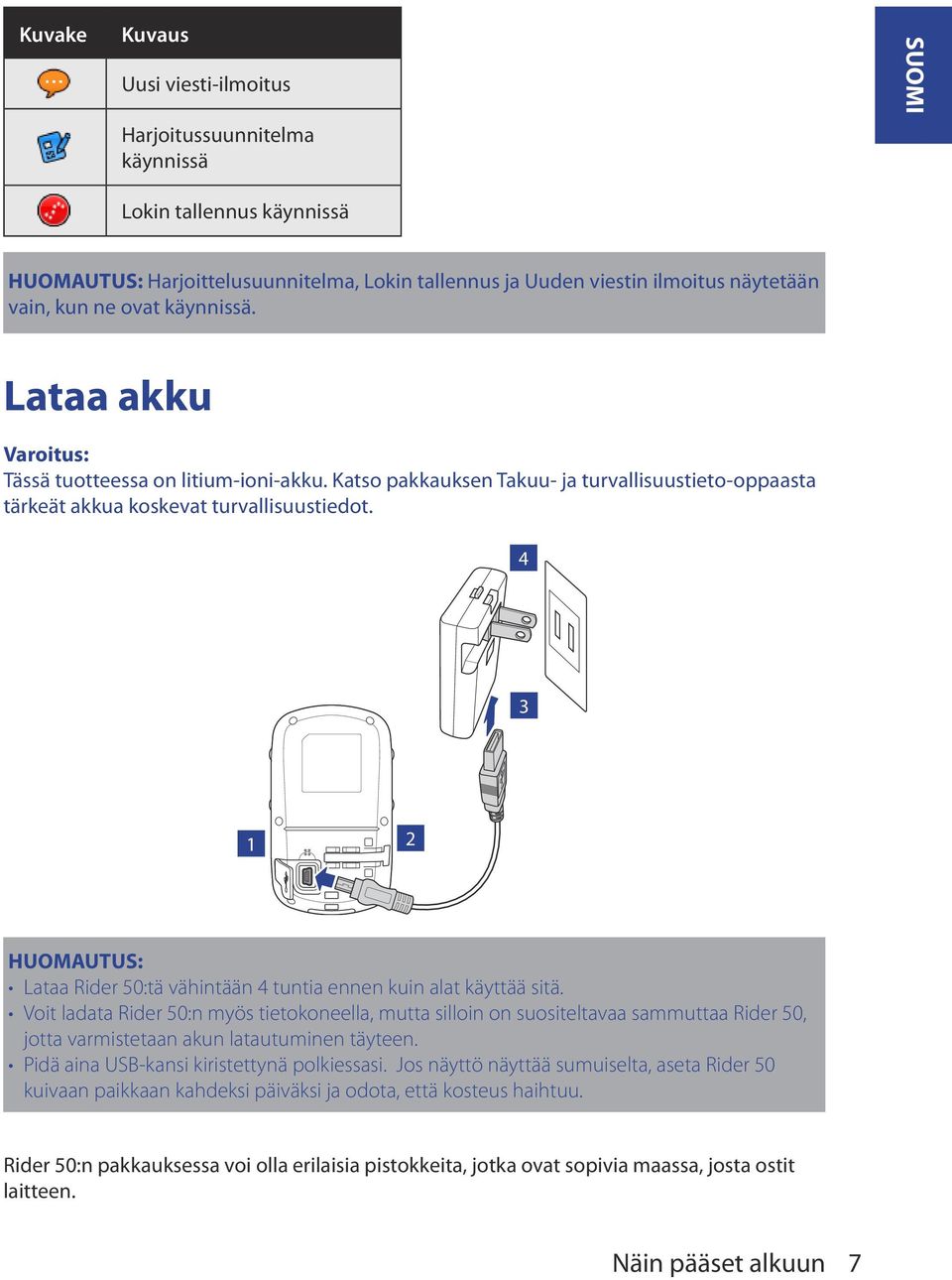 4 3 1 2 HUOMAUTUS: Lataa Rider 50:tä vähintään 4 tuntia ennen kuin alat käyttää sitä.