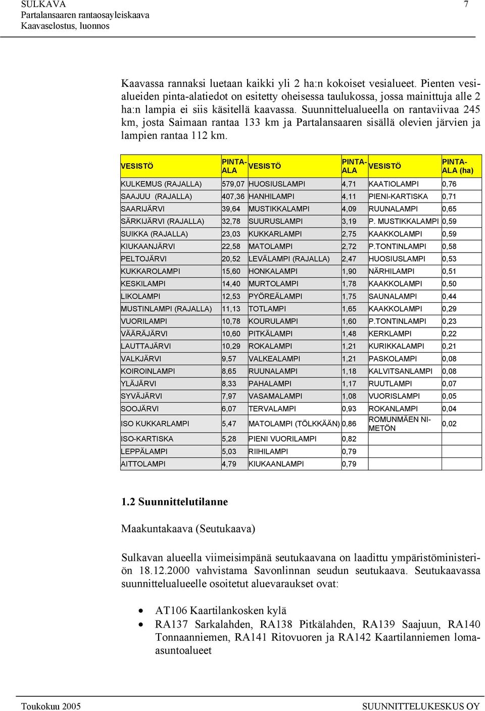 Suunnittelualueella on rantaviivaa 245 km, josta Saimaan rantaa 133 km ja Partalansaaren sisällä olevien järvien ja lampien rantaa 112 km.