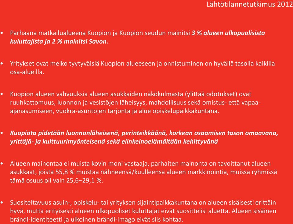 Kuopion alueen vahvuuksia alueen asukkaiden näkökulmasta (ylittää odotukset) ovat ruuhkattomuus, luonnon ja vesistöjen läheisyys, mahdollisuus sekä omistus- että vapaaajanasumiseen, vuokra-asuntojen