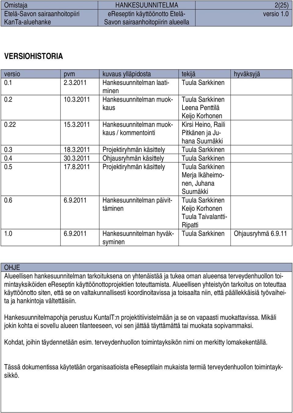 5 17.8.2011 Projektiryhmän käsittely Tuula Sarkkinen Merja Ikäheimonen, Juhana Suurnäkki 0.6 6.9.