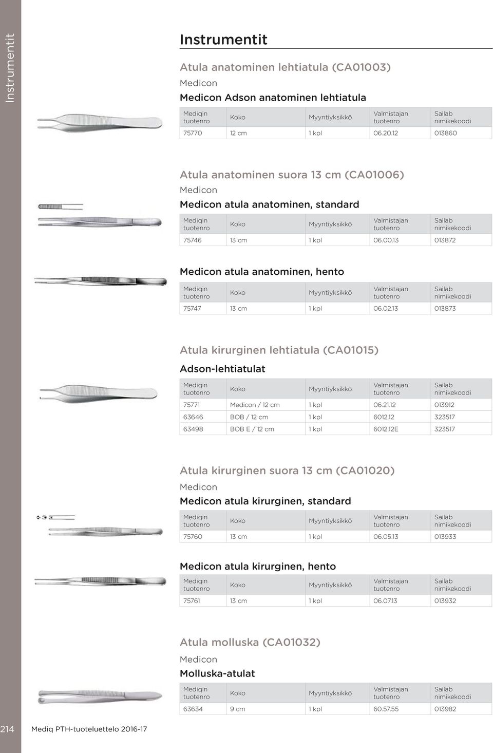 13 013873 Atula kirurginen lehtiatula (CA01015) Adson-lehtiatulat 75771 / 12 cm 1 kpl 06.21.12 013912 63646 BOB / 12 cm 1 kpl 6012.12 323517 63498 BOB E / 12 cm 1 kpl 6012.