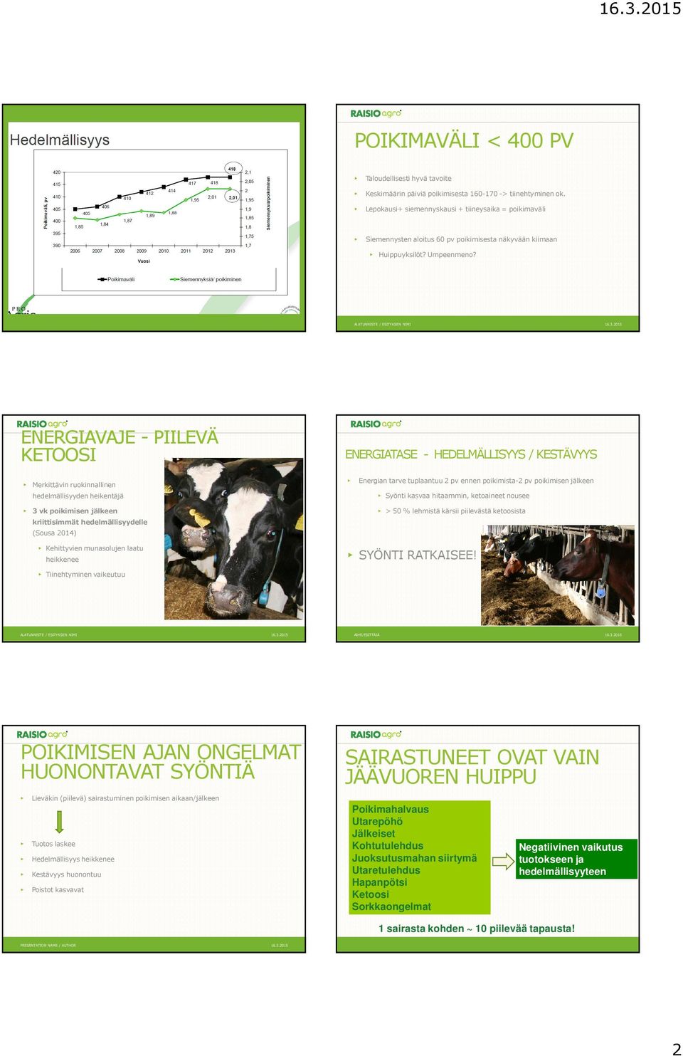 ENERGIAVAJE -PIILEVÄ KETOOSI ENERGIATASE - HEDELMÄLLISYYS / KESTÄVYYS Merkittävin ruokinnallinen hedelmällisyyden heikentäjä Energian tarve tuplaantuu 2 pv ennen poikimista-2 pv poikimisen jälkeen