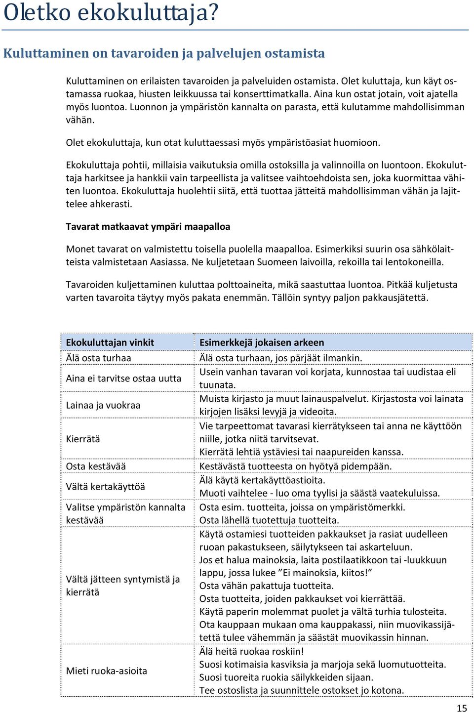 Luonnon ja ympäristön kannalta on parasta, että kulutamme mahdollisimman vähän. Olet ekokuluttaja, kun otat kuluttaessasi myös ympäristöasiat huomioon.