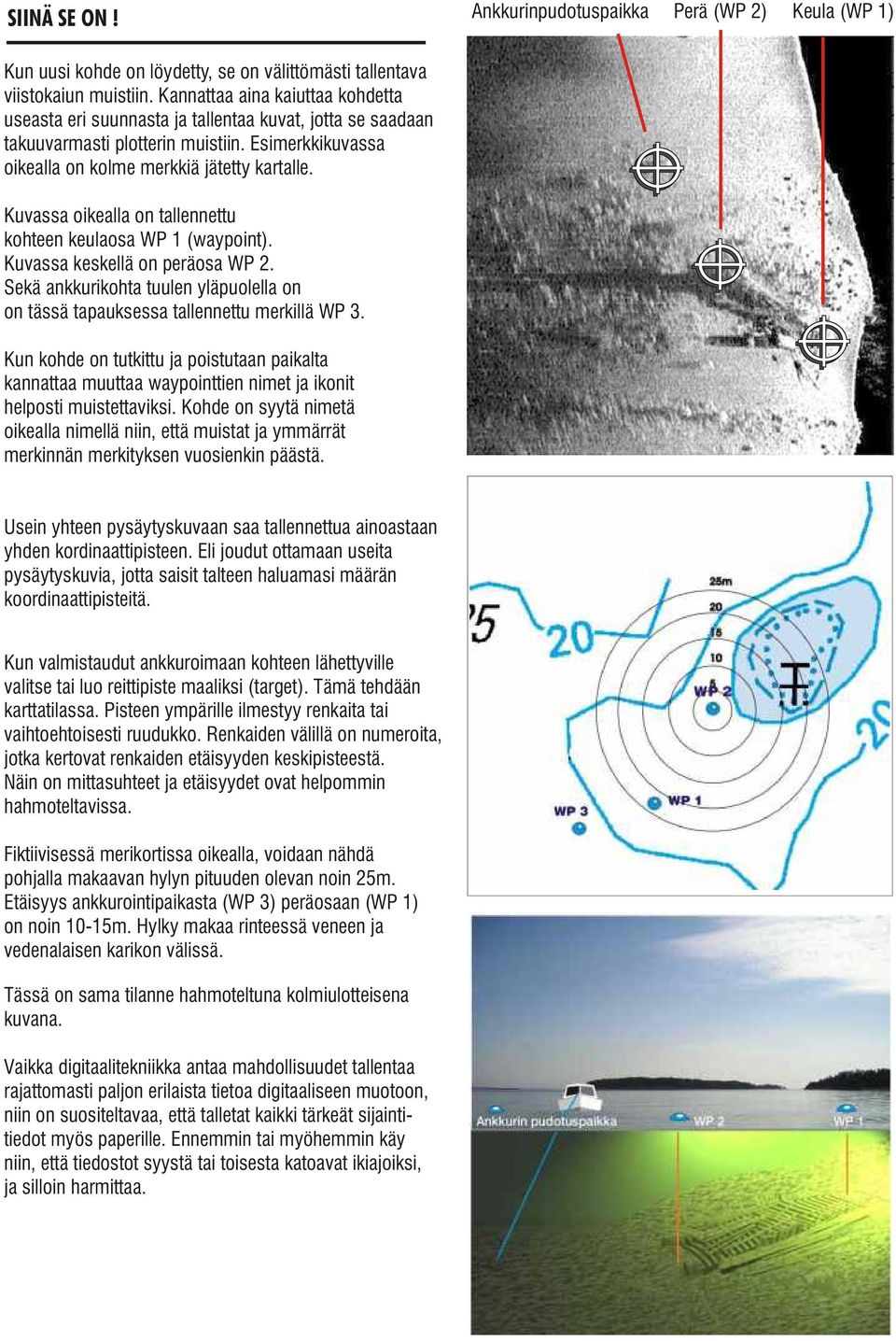 Kuvassa oikealla on tallennettu kohteen keulaosa WP 1 (waypoint). Kuvassa keskellä on peräosa WP 2. Sekä ankkurikohta tuulen yläpuolella on on tässä tapauksessa tallennettu merkillä WP 3.