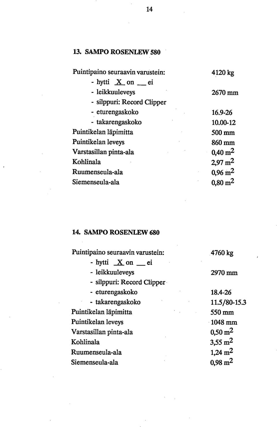 00-12 500 mm 860 mm 0,40 m2 2,97 m2 0,96 m2 0,80 m2 SAMPO ROSENLEW 680 4760 kg - hytti.