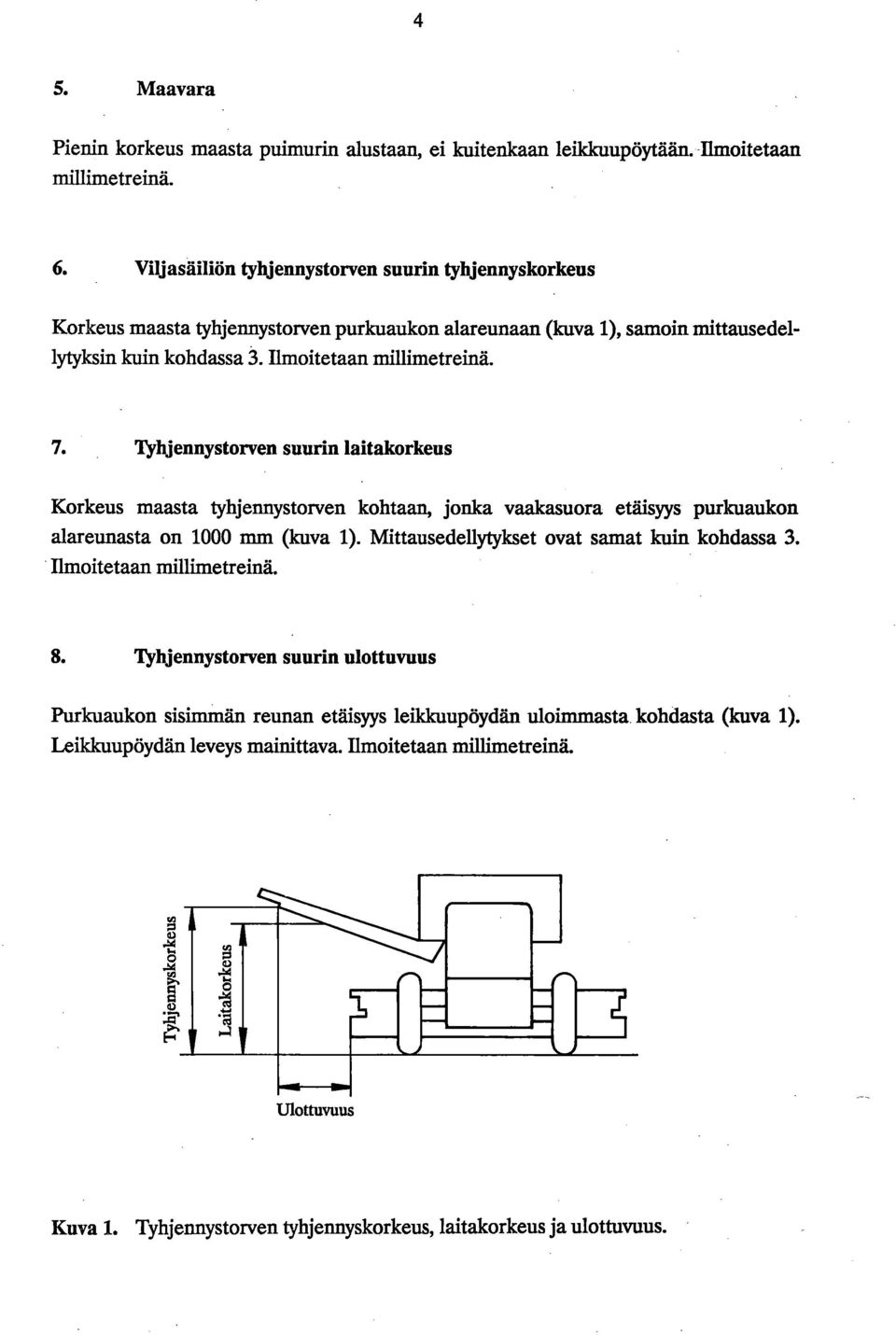 Tyhjennystorven suurin laitakorkeus Korkeus maasta tyhjennystorven kohtaan, jonka vaakasuora etäisyys purkuaukon alareunasta on 1000 mm (kuva 1). Mittausedellytykset ovat samat kuin kohdassa 3.