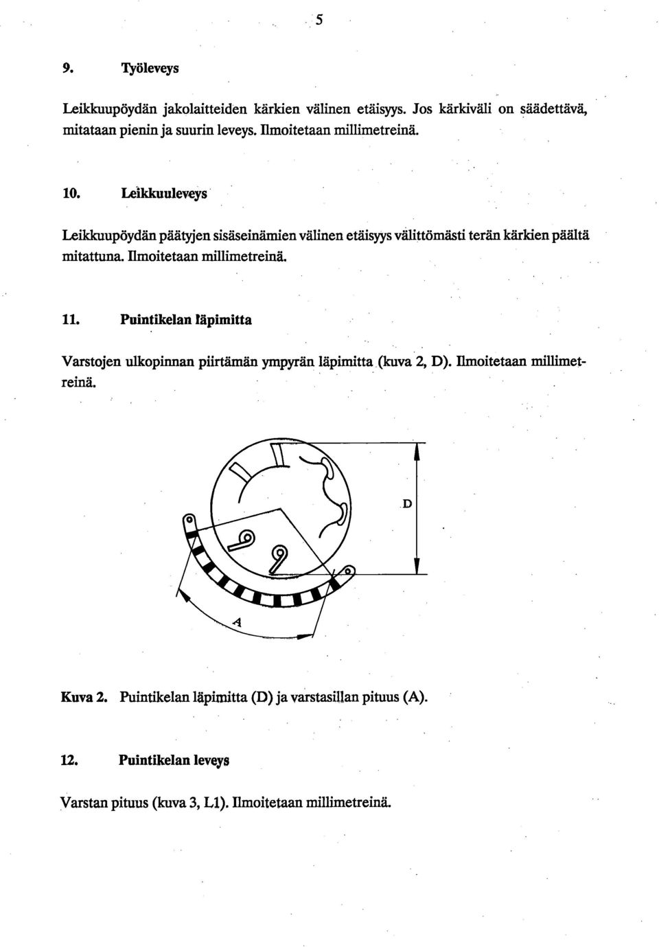 Leildwuleveys Leikkuupöydän päätyjen sisäseinämien välinen etäisyys välittömästi terän kärkien päältä mitattuna.