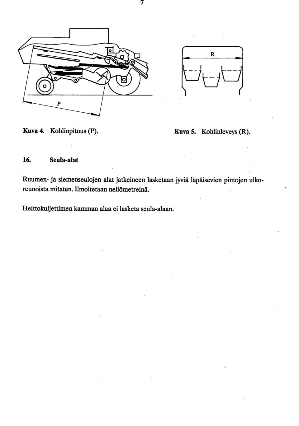 jyviä läpäisevien pintojen ulkoreunoista mitaten.