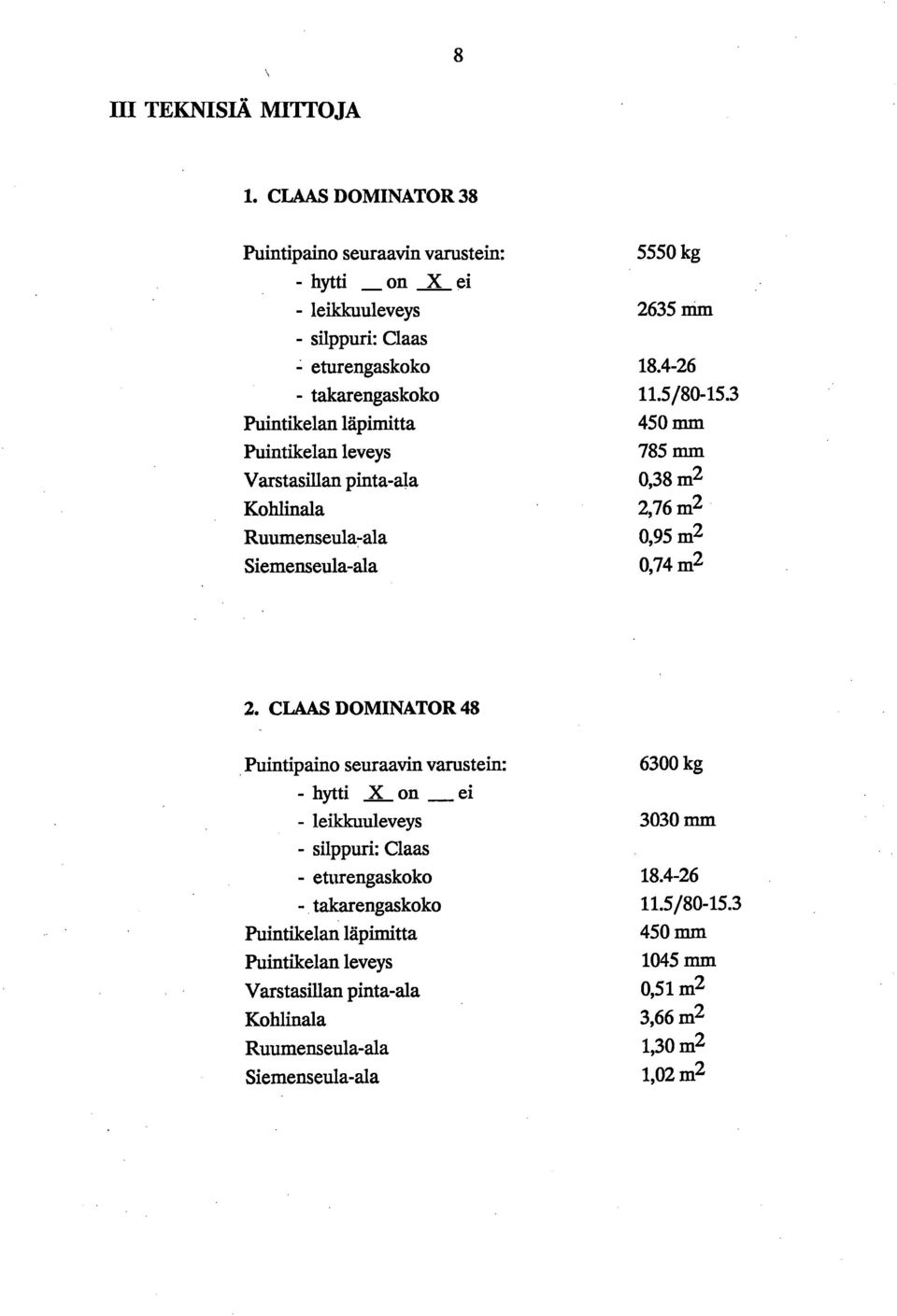 3 450 mm 785 mm 0,38 m2 2,76 m2 0,95 m2 0,74 m2 CLAAS DOMINATOR 48 Puintipaino seuraavin vanistein: 6300