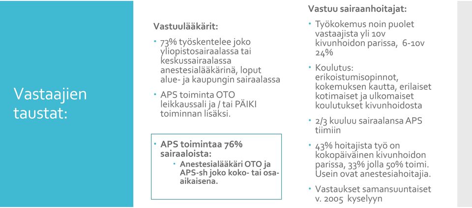 Vastuu sairaanhoitajat: Työkokemus noin puolet vastaajista yli 10v kivunhoidon parissa, 6-10v 24% Koulutus: erikoistumisopinnot, kokemuksen kautta, erilaiset kotimaiset ja