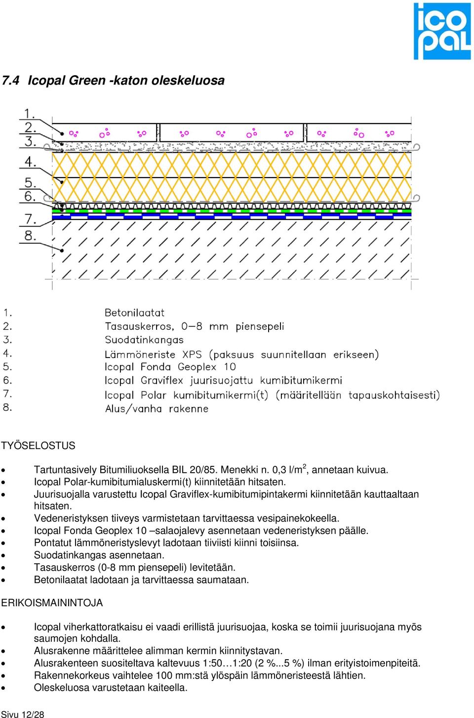 Icopal Fonda Geoplex 10 salaojalevy asennetaan vedeneristyksen päälle. Pontatut lämmöneristyslevyt ladotaan tiiviisti kiinni toisiinsa. Suodatinkangas asennetaan.