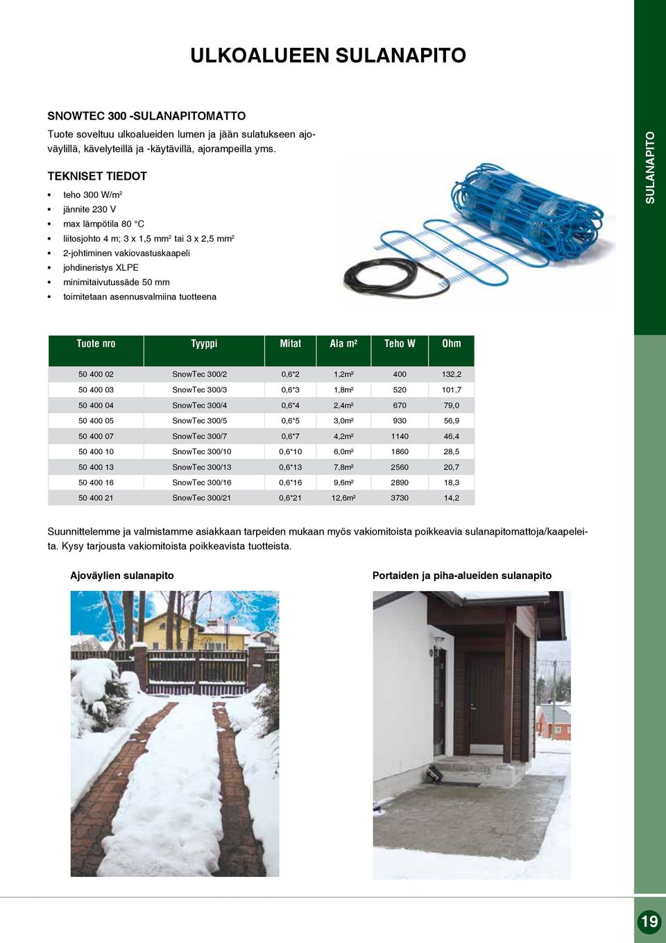 tuotteena SULANAPITO Tuote nro Tyyppi Mitat Ala m² Teho W Ohm 50 400 02 SnowTec 300/2 0,6*2 1,2m² 400 132,2 50 400 03 SnowTec 300/3 0,6*3 1,8m² 520 101,7 50 400 04 SnowTec 300/4 0,6*4 2,4m² 670 79,0