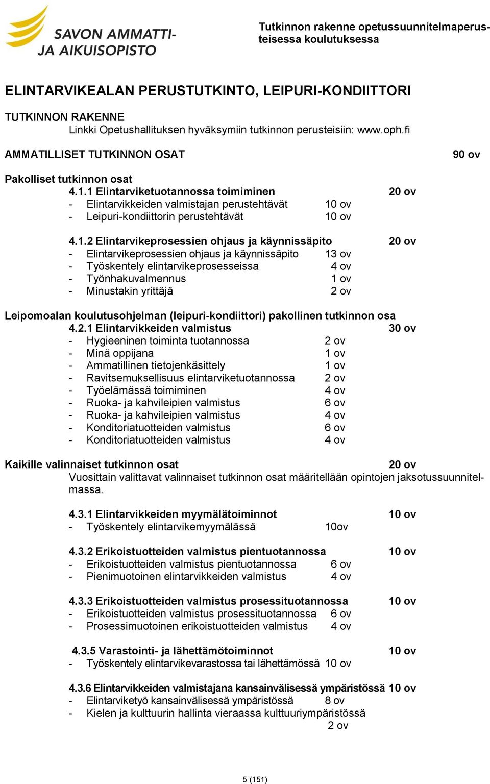 1 Elintarviketuotannossa toimiminen 20 ov - Elintarvikkeiden valmistajan perustehtävät 10 ov - Leipuri-kondiittorin perustehtävät 10 ov 4.1.2 Elintarvikeprosessien ohjaus ja käynnissäpito 20 ov -