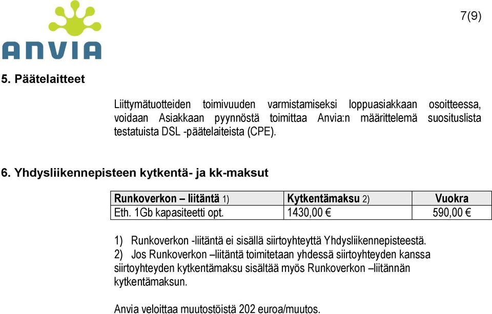 suosituslista testatuista DSL -päätelaiteista (CPE). 6. Yhdysliikennepisteen kytkentä- ja kk-maksut Runkoverkon liitäntä 1) Kytkentämaksu 2) Vuokra Eth.