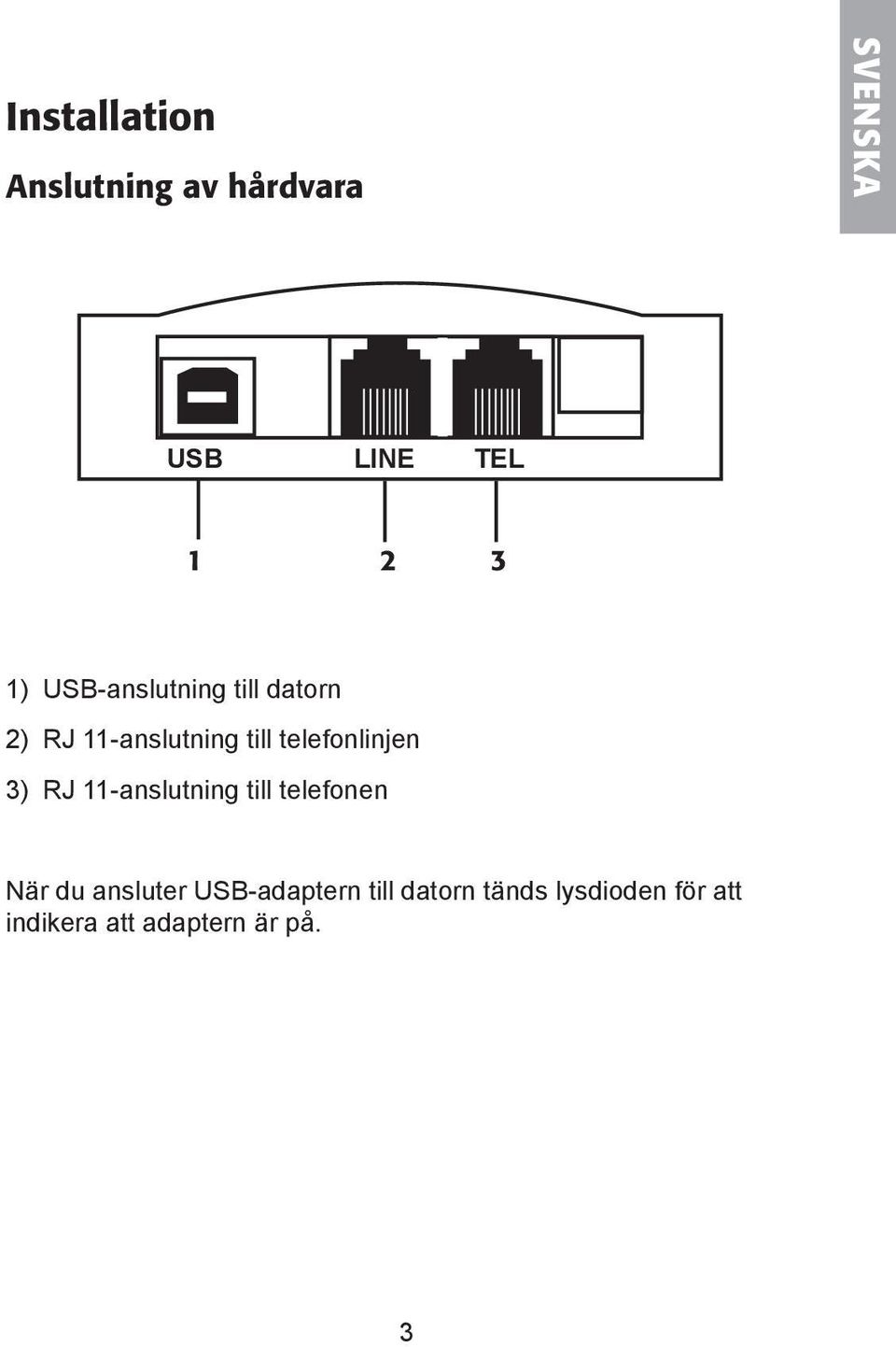 3) RJ 11-anslutning till telefonen När du ansluter USB-adaptern