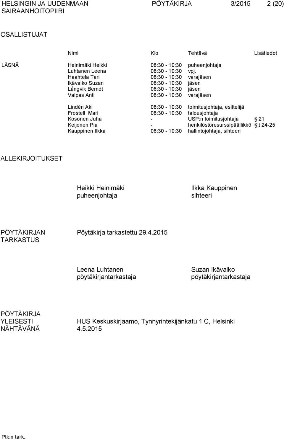 Mari 08:30-10:30 talousjohtaja Kosonen Juha - USP:n toimitusjohtaja 21 Keijonen Pia - henkilöstöresurssipäällikkö :t 24-25 Kauppinen Ilkka 08:30-10:30 hallintojohtaja, sihteeri ALLEKIRJOITUKSET