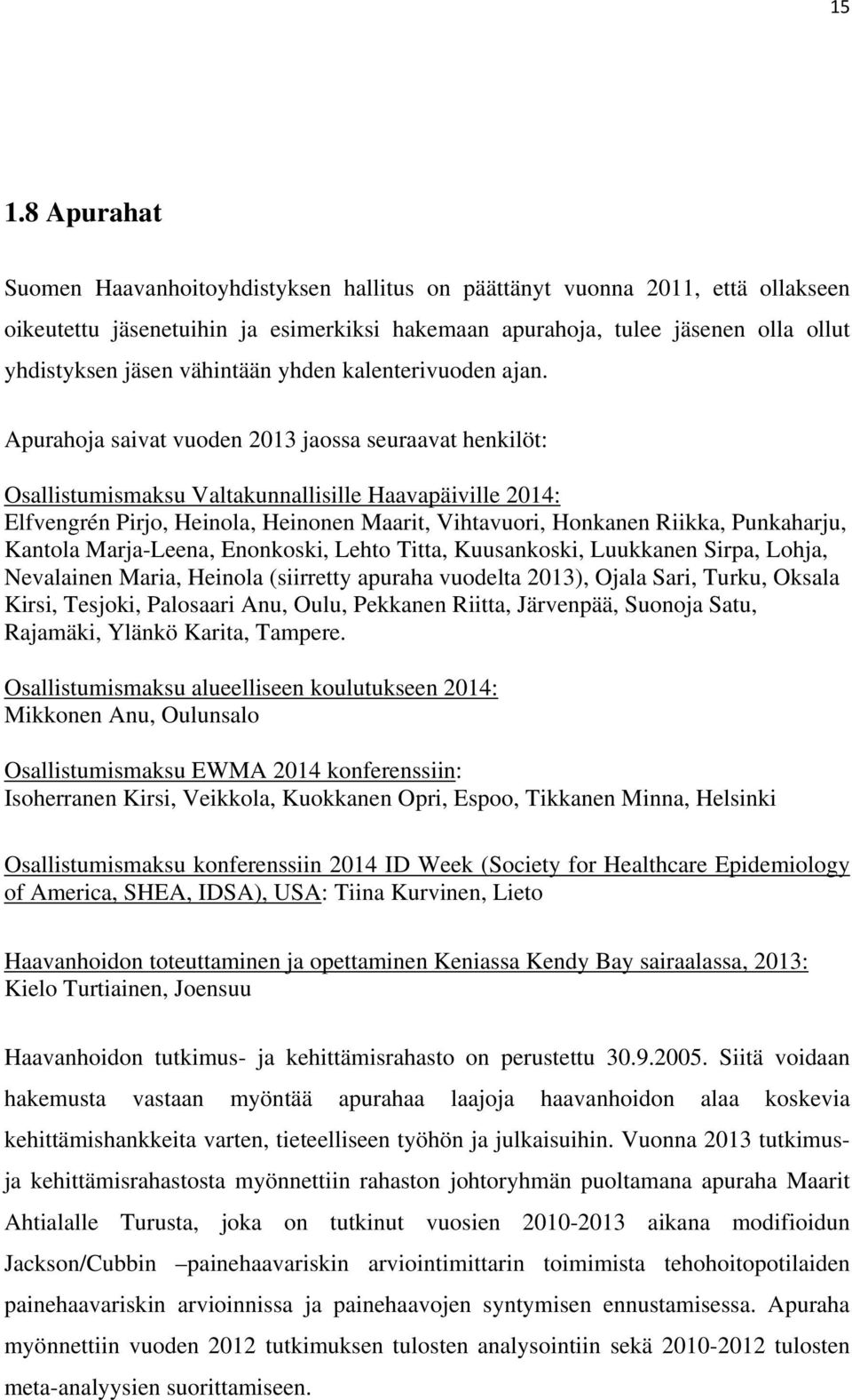 Apurahoja saivat vuoden 2013 jaossa seuraavat henkilöt: Osallistumismaksu Valtakunnallisille Haavapäiville 2014: Elfvengrén Pirjo, Heinola, Heinonen Maarit, Vihtavuori, Honkanen Riikka, Punkaharju,