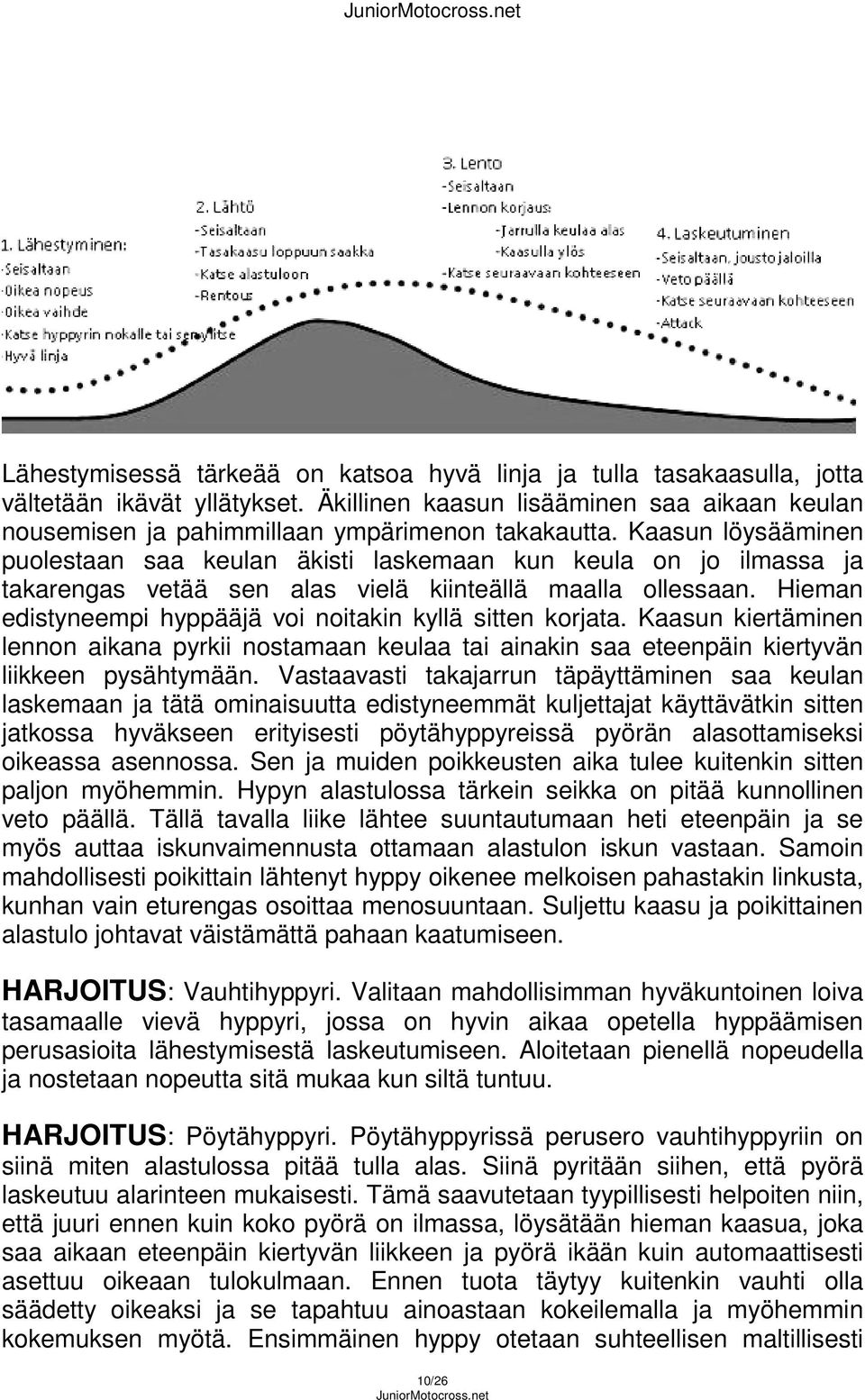 Hieman edistyneempi hyppääjä voi noitakin kyllä sitten korjata. Kaasun kiertäminen lennon aikana pyrkii nostamaan keulaa tai ainakin saa eteenpäin kiertyvän liikkeen pysähtymään.