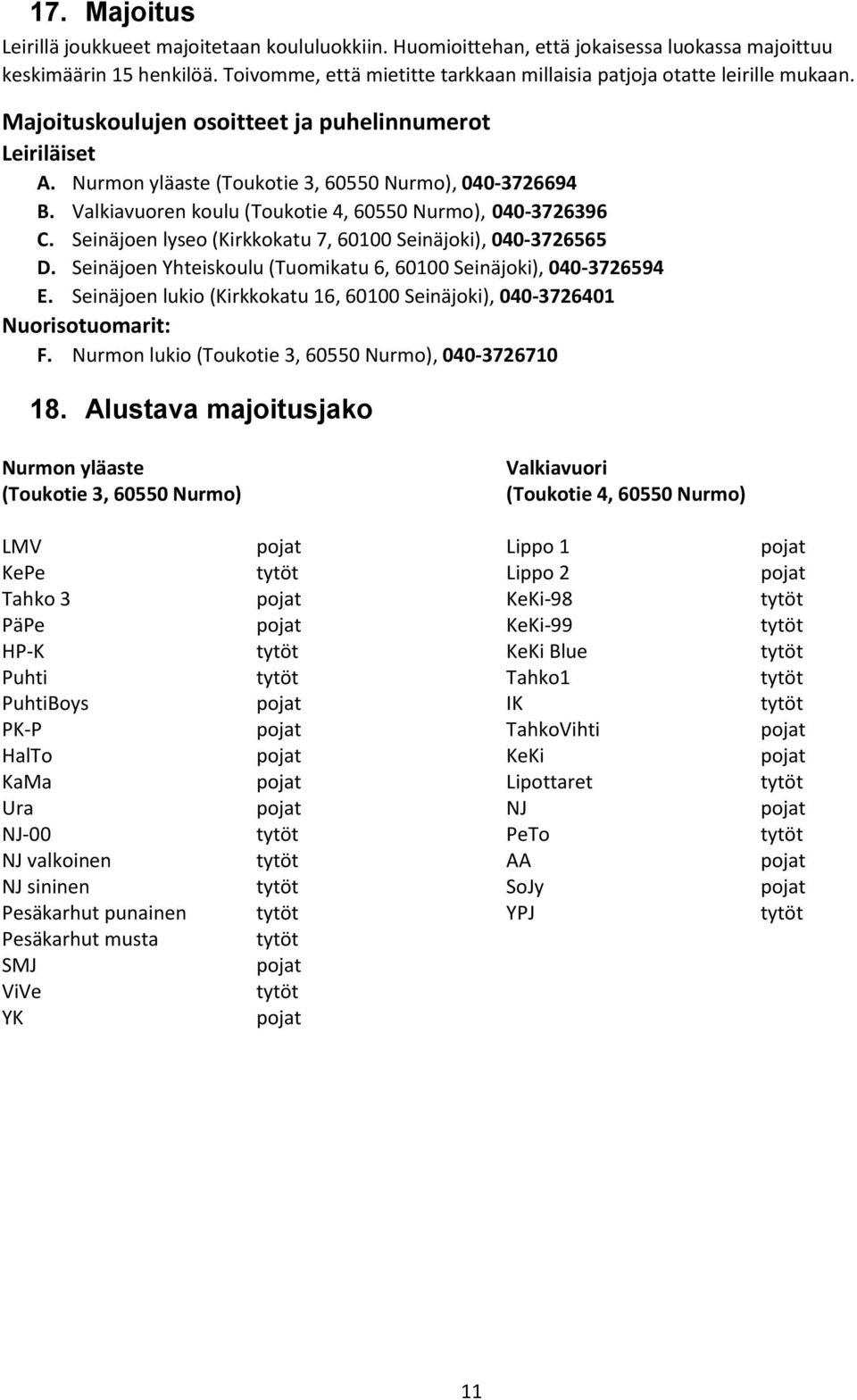 Valkiavuoren koulu (Toukotie 4, 60550 Nurmo), 040-3726396 C. Seinäjoen lyseo (Kirkkokatu 7, 60100 Seinäjoki), 040-3726565 D. Seinäjoen Yhteiskoulu (Tuomikatu 6, 60100 Seinäjoki), 040-3726594 E.