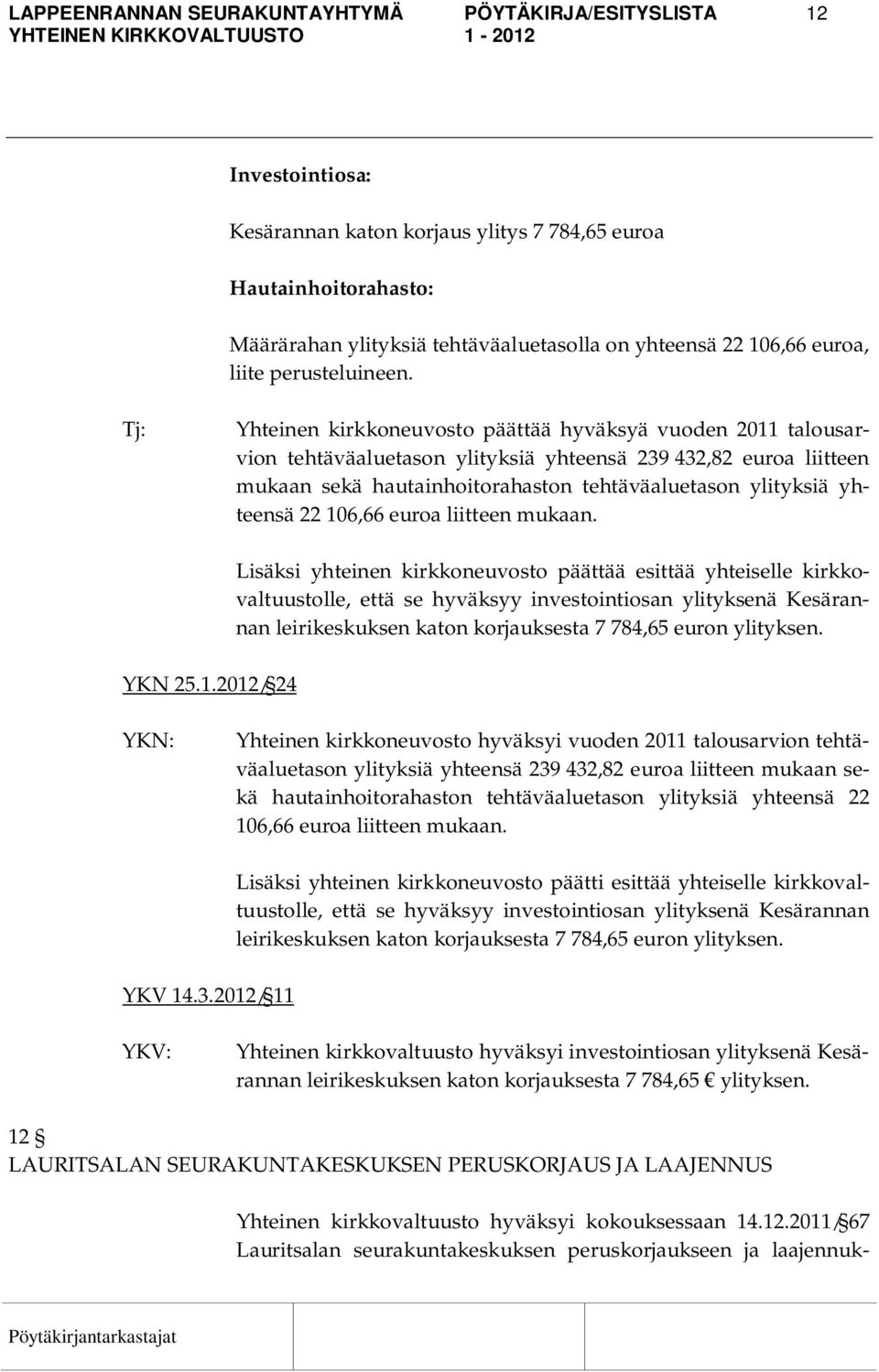 Tj: Yhteinen kirkkoneuvosto päättää hyväksyä vuoden 2011 talousarvion tehtäväaluetason ylityksiä yhteensä 239 432,82 euroa liitteen mukaan sekä hautainhoitorahaston tehtäväaluetason ylityksiä