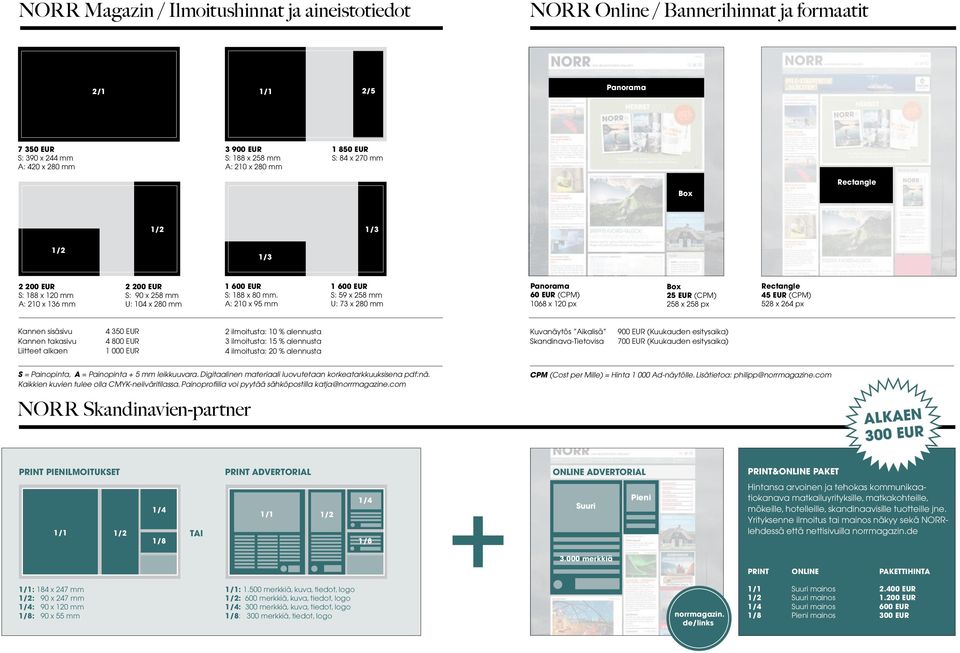 A: 210 x 95 mm 1 600 EUR S: 59 x 258 mm U: 73 x 280 mm Panorama 60 EUR (CPM) 1068 x 120 px Box 25 EUR (CPM) 258 x 258 px Rectangle 45 EUR (CPM) 528 x 264 px Kannen sisäsivu Kannen takasivu Liitteet